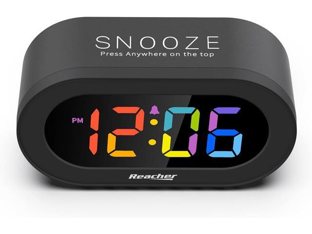 REACHER Small Digital Rainbow LED Alarm Clock with Snooze, Easy to Use, Full Range Brightness Dimmer, Adjustable Alarm Volume, Outlet Powered,...