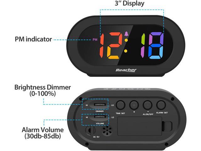 REACHER Small Digital Rainbow LED Alarm Clock with Snooze, Easy to Use, Full Range Brightness Dimmer, Adjustable Alarm Volume, Outlet Powered,...