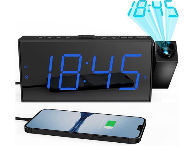 Digital Projection Alarm Clock for Bedroom, Large LED Alarm Clock with 350° Projector on Ceiling Wall, Projection Dimmer, USB Charger, Battery. photo