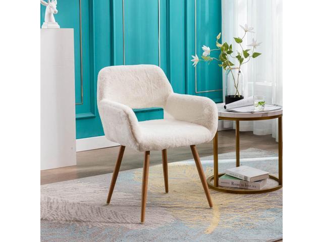 KCC Furry Desk Chair, Mid-Century Modern Accent Comfy Armchair with Faux Fur for Teen Girls, Wood Look Metal Legs Living Dining Room, Home Vanity...