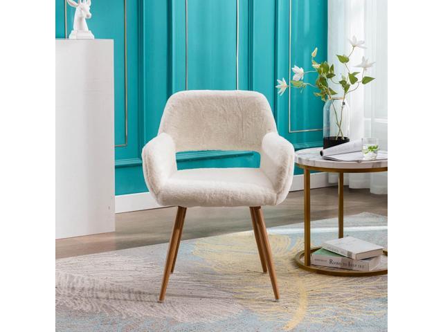 KCC Furry Desk Chair, Mid-Century Modern Accent Comfy Armchair with Faux Fur for Teen Girls, Wood Look Metal Legs Living Dining Room, Home Vanity...