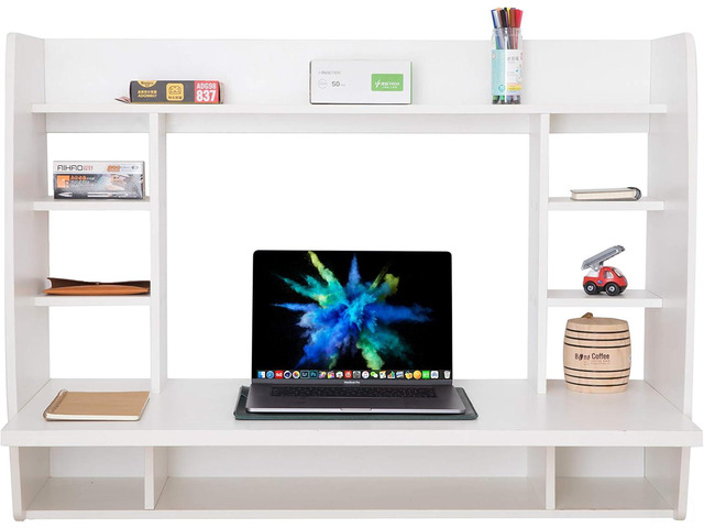 Versatile Wall Mount Floating Computer Desk - Stylish and Space-Saving Writing Study Table with Shelves - Ideal for Living Room, Bedroom, and Home...
