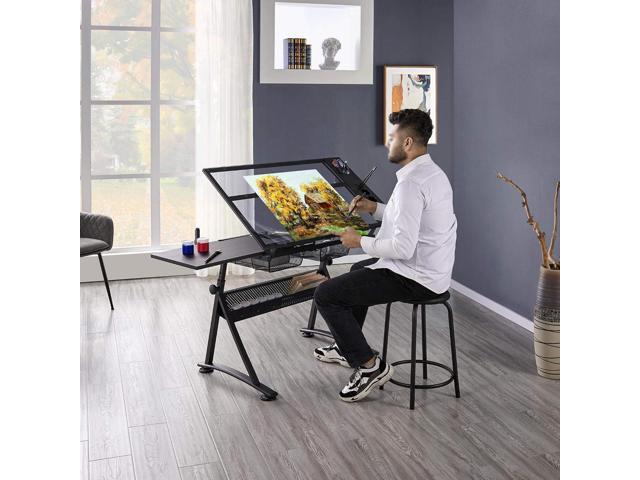 Yaheetech Drafting Table w/Stool Height Adjustable Multifunctional Art Craft Artists Desk Tilting Glass Tabletop Diamond Paintings Work Station w/2...