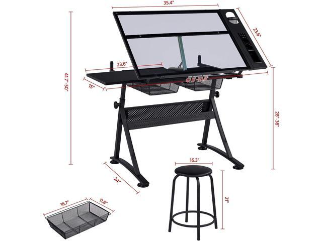 Yaheetech Drafting Table w/Stool Height Adjustable Multifunctional Art Craft Artists Desk Tilting Glass Tabletop Diamond Paintings Work Station w/2...