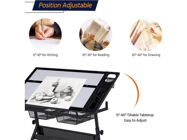 Yaheetech Drafting Table w/Stool Height Adjustable Multifunctional Art Craft Artists Desk Tilting Glass Tabletop Diamond Paintings Work Station w/2...