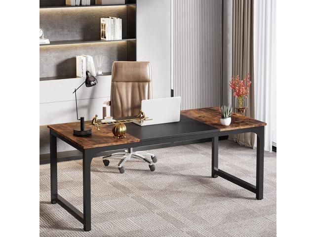 LITTLE TREE 70.8 Inch X-Large Executive Computer Office Desk, Brown+Black