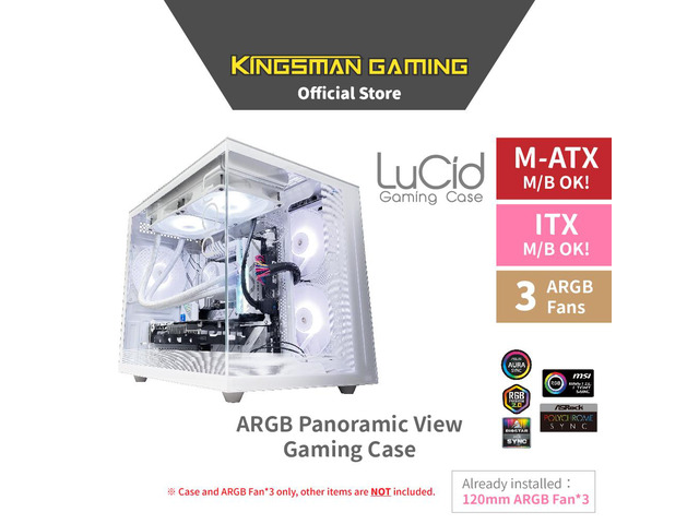 KINGSMAN LuCid M-ATX/ITX Case Mini Tower Computer Case, 270° Full View Dual Tempered Glass Panel, 3 ARGB Fans Included - WHITE