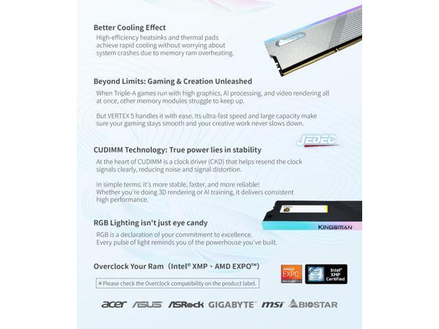 AITC KINGSMAN VERTEX5 48GB (2 x 24GB) 288-Pin PC RAM DDR5 8400 CUDIMM (PC5 67200) RGB Desktop Computer Gaming Memory - SILVER