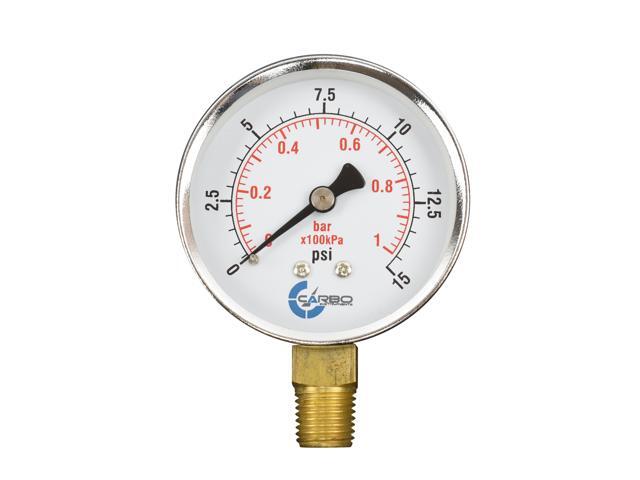 CARBO Instruments 2-1/2' Pressure Gauge, Chrome Plated Steel Case, Dry, 0-15 psi/kPa, Lower Mount 1/4' NPT