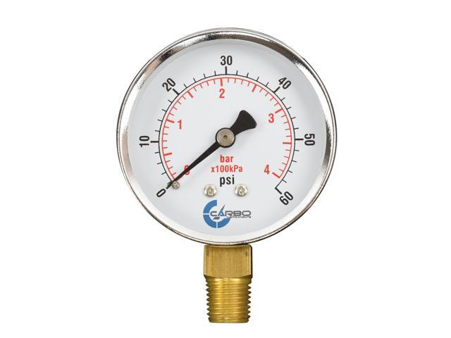 CARBO Instruments 2-1/2' Pressure Gauge, Chrome Plated Steel Case, Dry, 0-60 psi/kPa, Lower Mount 1/4' NPT