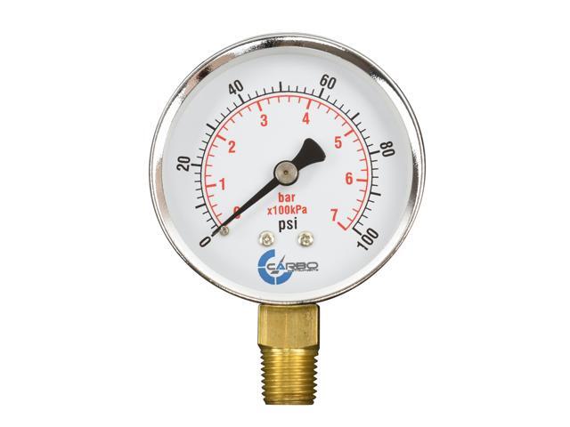 CARBO Instruments 2-1/2' Pressure Gauge, Chrome Plated Steel Case, Dry, 0-100 psi/kPa, Lower Mount 1/4' NPT