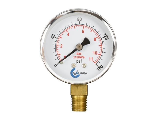 CARBO Instruments 2-1/2' Pressure Gauge, Chrome Plated Steel Case, Dry, 0-160 psi/kPa, Lower Mount 1/4' NPT