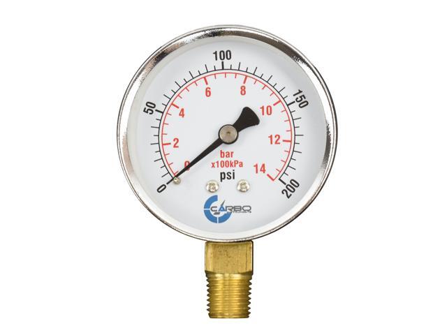 CARBO Instruments 2-1/2' Pressure Gauge, Chrome Plated Steel Case, Dry, 0-200 psi/kPa, Lower Mount 1/4' NPT