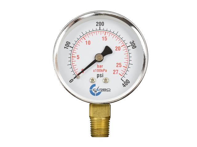 CARBO Instruments 2-1/2' Pressure Gauge, Chrome Plated Steel Case, Dry, 0-400 psi/kPa, Lower Mount 1/4' NPT