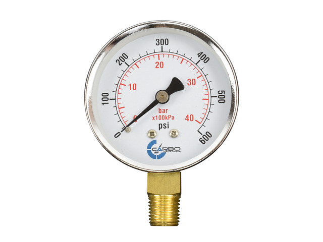 CARBO Instruments 2-1/2' Pressure Gauge, Chrome Plated Steel Case, Dry, 0-600 psi/kPa, Lower Mount 1/4' NPT