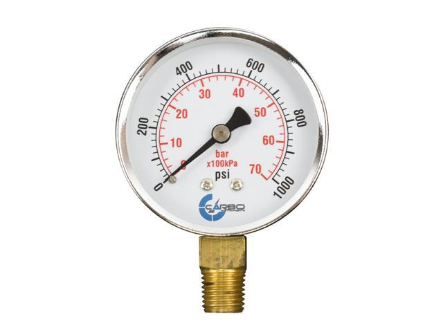 CARBO Instruments 2-1/2' Pressure Gauge, Chrome Plated Steel Case, Dry, 0-1000 psi/kPa, Lower Mount 1/4' NPT