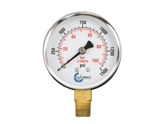 CARBO Instruments 2-1/2' Pressure Gauge, Chrome Plated Steel Case, Dry, 0-1500 psi/kPa, Lower Mount 1/4' NPT