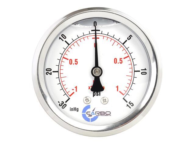 CARBO Instruments 2 1-2' Pressure Gauge, Stainless Steel Case, Chrome Plated Brass Connection, Liquid Filled, Compound Vacuum -30 Hg - 0-15 psi...