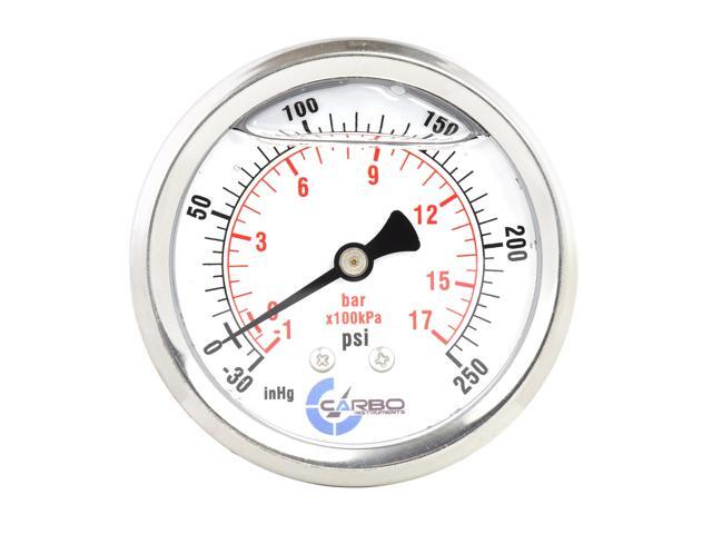 CARBO Instruments 2 1-2' Pressure Gauge, Stainless Steel Case, Chrome Plated Brass Connection, Liquid Filled, Compound Vacuum -30 Hg - 0-250 psi...