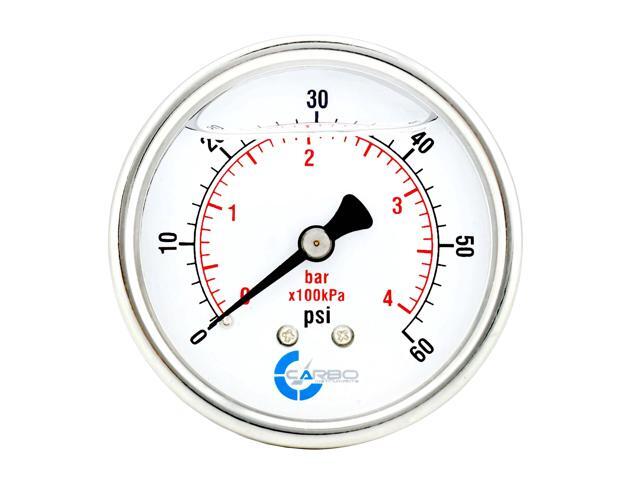 CARBO Instruments 2 1-2' Pressure Gauge, Stainless Steel Case, Chrome Plated Brass Connection, Liquid Filled, 0-60 psi/kPa, Back Mount 1/4' NPT