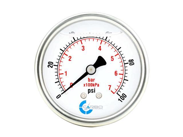 CARBO Instruments 2 1-2' Pressure Gauge, Stainless Steel Case, Chrome Plated Brass Connection, Liquid Filled, 0-100 psi/kPa, Back Mount 1/4' NPT