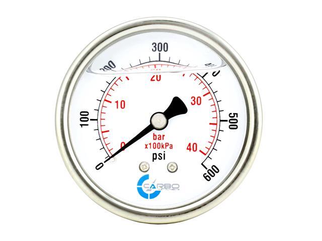 CARBO Instruments 2 1-2' Pressure Gauge, Stainless Steel Case, Chrome Plated Brass Connection, Liquid Filled, 0-600 psi/kPa, Back Mount 1/4' NPT