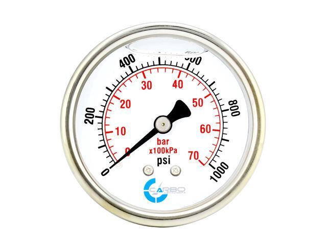 CARBO Instruments 2 1-2' Pressure Gauge, Stainless Steel Case, Chrome Plated Brass Connection, Liquid Filled, 0-1000 psi/kPa, Back Mount 1/4' NPT