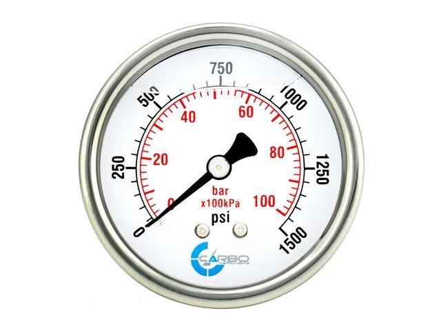 CARBO Instruments 2 1-2' Pressure Gauge, Stainless Steel Case, Chrome Plated Brass Connection, Liquid Filled, 0-1500 psi/kPa, Back Mount 1/4' NPT