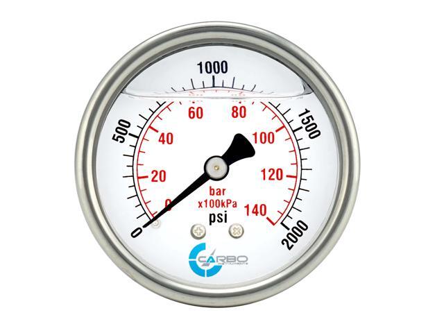 CARBO Instruments 2 1-2' Pressure Gauge, Stainless Steel Case, Chrome Plated Brass Connection, Liquid Filled, 0-2000 psi/kPa, Back Mount 1/4' NPT