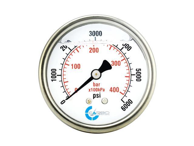 CARBO Instruments 2 1-2' Pressure Gauge, Stainless Steel Case, Chrome Plated Brass Connection, Liquid Filled, 0-6000 psi/kPa, Back Mount 1/4' NPT