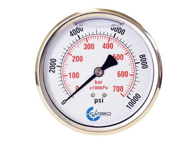 CARBO Instruments 2 1-2' Pressure Gauge, Stainless Steel Case, Chrome Plated Brass Connection, Liquid Filled, 0-10000 psi/kPa, Back Mount 1/4' NPT