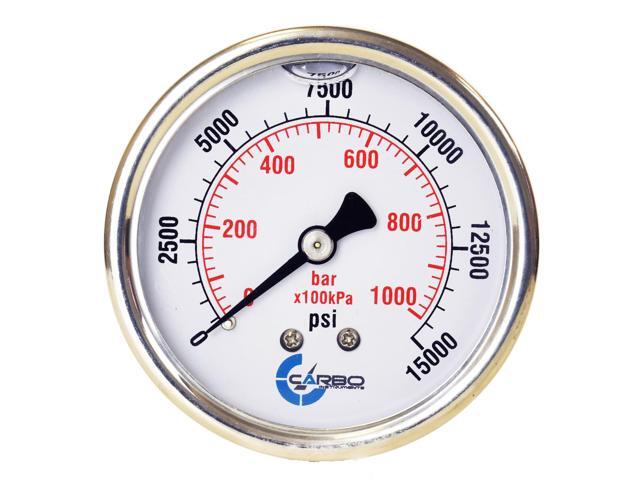 CARBO Instruments 2 1-2' Pressure Gauge, Stainless Steel Case, Chrome Plated Brass Connection, Liquid Filled, 0-15000 psi/kPa, Back Mount 1/4' NPT