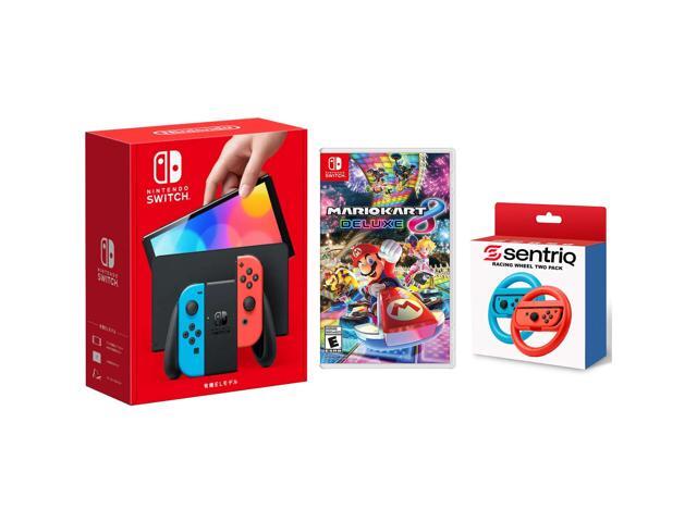 Nintendo Switch OLED Neon Red/Blue Edition + Mario Kart 8 Deluxe + Sentriq Racing Wheel Two Pack Joy Con Attachments - Japan Import with US Plug