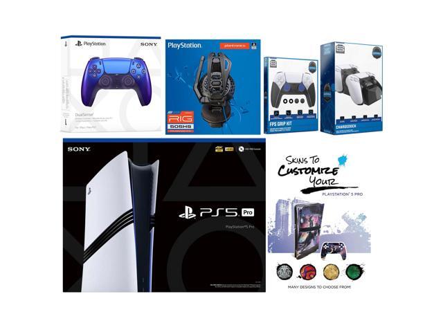 Sony Playstation 5 Pro Bundle with Extra Chroma Indigo Controller, Plantronics Headset, FPS Grip Kit, Dual Charge Dock and MightySkins Decal Voucher