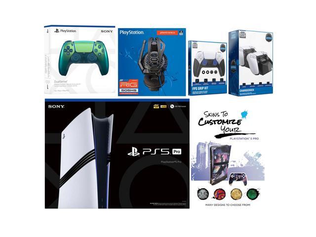 Sony Playstation 5 Pro Bundle with Extra Chroma Teal Controller, Plantronics Headset, FPS Grip Kit, Dual Charge Dock and MightySkins Decal Voucher