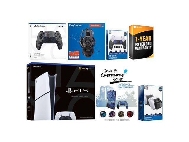 Sony Playstation 5 Slim Digital with Extra Gray Camo Controller, Plantronics Headset, FPS Grip Kit, Charge Dock and MightySkins Decal Voucher + 1...