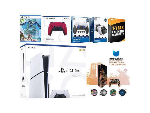 Sony Playstation 5 Slim Disc with Horizon Forbidden West, Extra Cosmic Red Controller, FPS Grip Kit, Charge Dock and MightySkins Decal Voucher + 1...