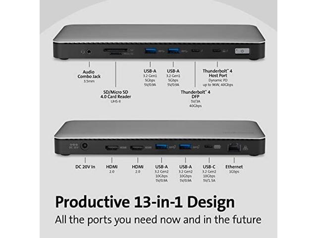 Kensington SD5760T Thunderbolt 4 Dual 4K Docking Station, 100W PD, 2 x HDMI, SD/Micro SD 4.0 Card Slots, 60Hz, for Windows Laptops and MacBook Pro...
