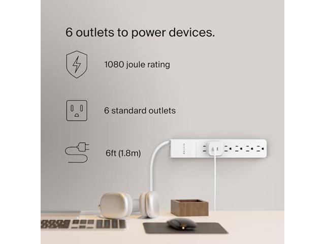 Belkin 6-Outlet Surge Protector Power Strip, 6ft Cord, 360° Rotating Plug - 1080 Joules Protection