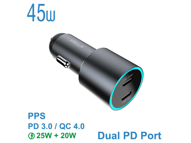 VISLLA USB C Car Charger 45W Dual Port auto Fast USB Car Adapter PD3.0 & QC 4.0 3.0 Aluminum Alloy Compatible with iPhone 14 13 12 11 X,Samsung...