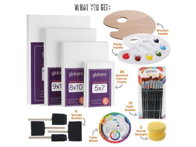 Glokers Canvas Panels Painting Kit Art Supplies Set Includes Paint Palette, Sponge Brushes, Canvases, Paintbrushes & Mixing Wheel Warp-Free...