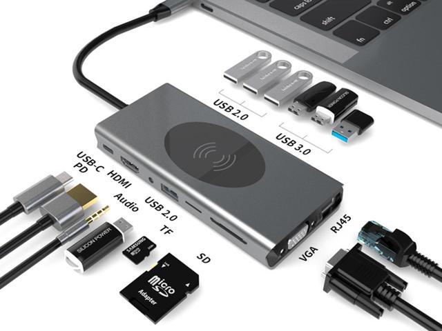 USB C Docking Station for Laptop 10W Wireless charger,15-in-1 Dock 4K Display Hub with HDMI, VGA, 3xUSB 3.0, 4xUSB 2.0,Audio,PD,...