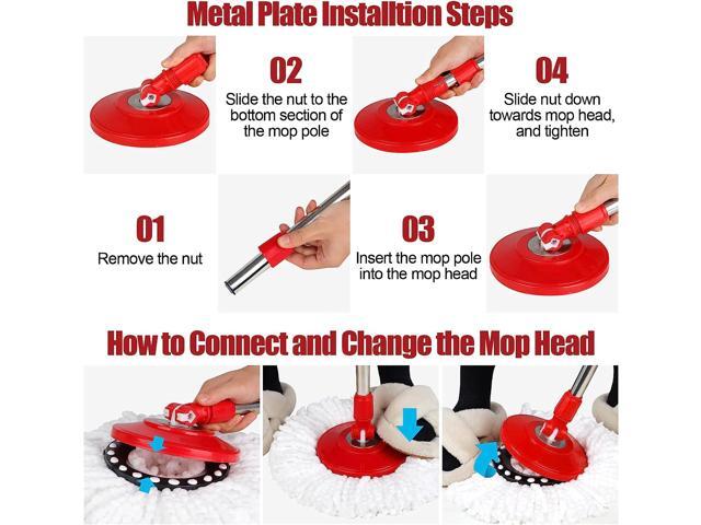 BOP 360° Spin Mop and Bucket w/wringer Set +3 Microfiber Refills Floor Cleaning Regular, Stainless Steel,Red/Grey