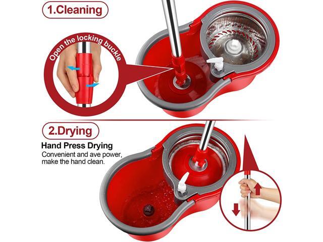 BOP 360° Spin Mop and Bucket w/wringer Set +3 Microfiber Refills Floor Cleaning Regular, Stainless Steel,Red/Grey