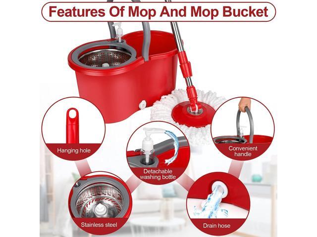 BOP 360° Spin Mop and Bucket w/wringer Set +3 Microfiber Refills Floor Cleaning Regular, Stainless Steel,Red/Grey