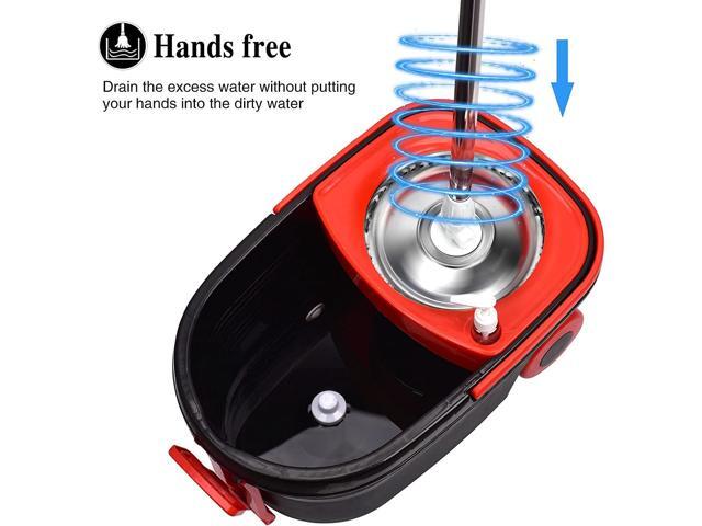 BOP Mop and Bucket with Wringer Set, 360 Spin Mop and Bucket System, Spinning Bucket with Wheels for Easy Moving and 3 Microfiber Mop Heads Black+Red