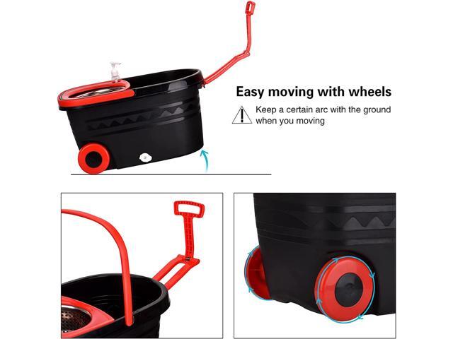 BOP Mop and Bucket with Wringer Set, 360 Spin Mop and Bucket System, Spinning Bucket with Wheels for Easy Moving and 3 Microfiber Mop Heads Black+Red