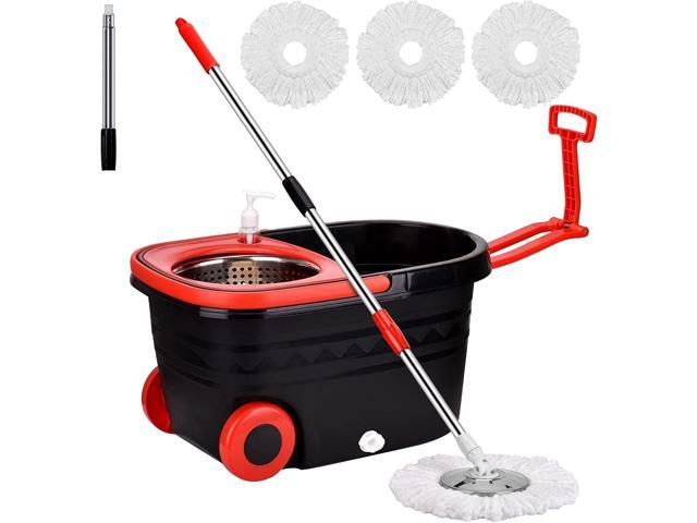 BOP Mop and Bucket with Wringer Set, 360 Spin Mop and Bucket System, Spinning Bucket with Wheels for Easy Moving and 3 Microfiber Mop Heads Black+Red
