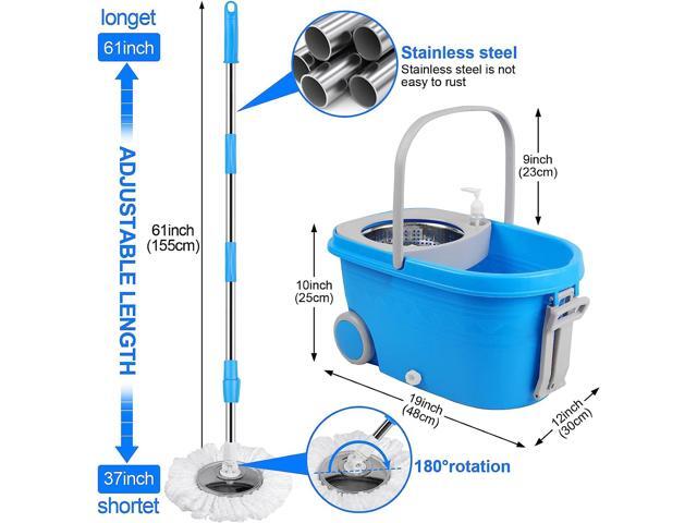 BOP Mop Bucket with Wringer Set, Extended Stainless Steel Handle, 3 Microfiber Replacement Spin Mop Head Refills, 2 Wheels for Household Cleaning,Blue