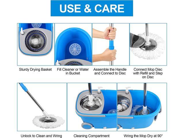 BOP Mop Bucket with Wringer Set, Extended Stainless Steel Handle, 3 Microfiber Replacement Spin Mop Head Refills, 2 Wheels for Household Cleaning,Blue